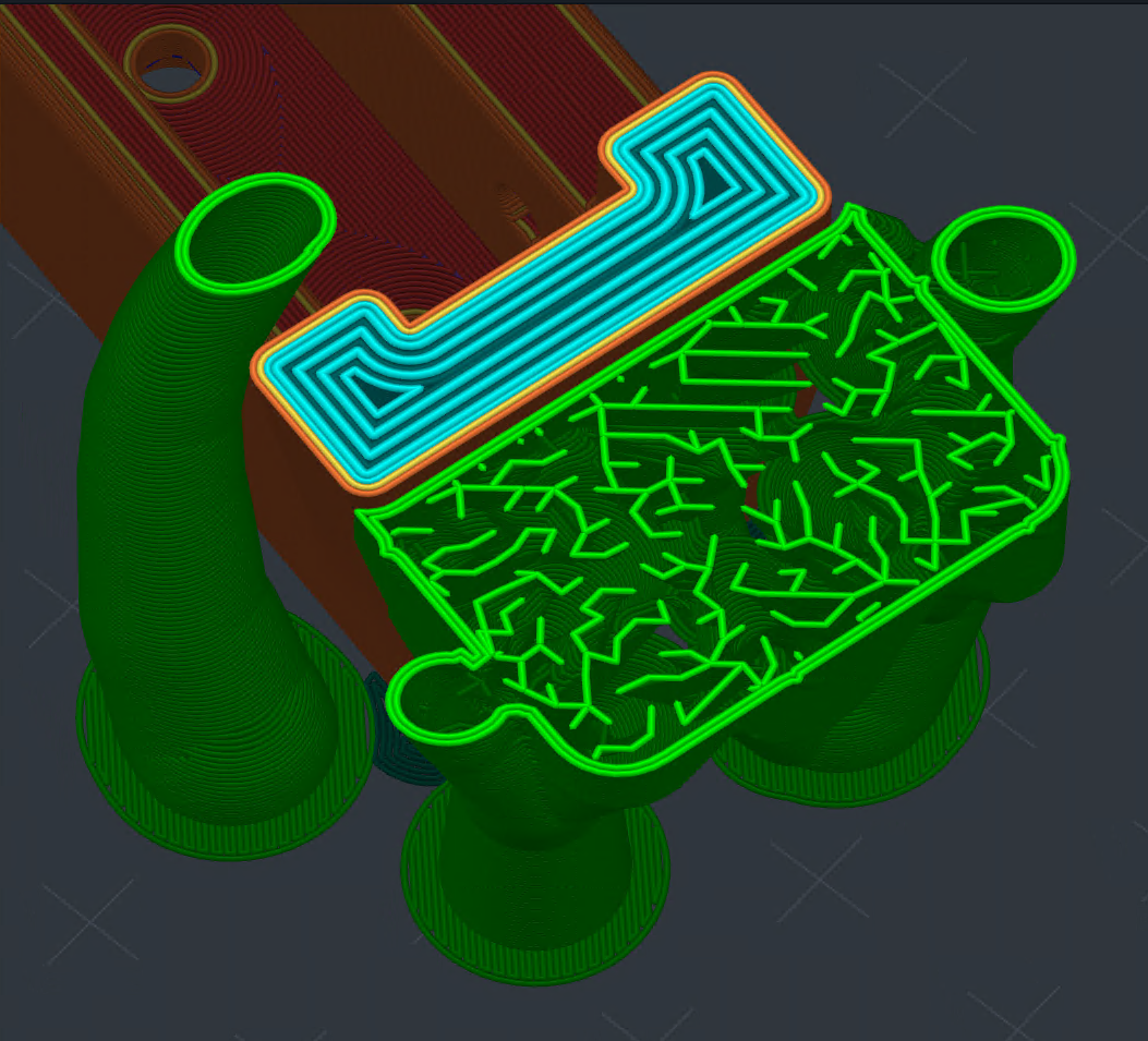 Lightning infill grows inside the canopy where it creates a bridging deck for the support interface, with the canopy rim following the interface outline.