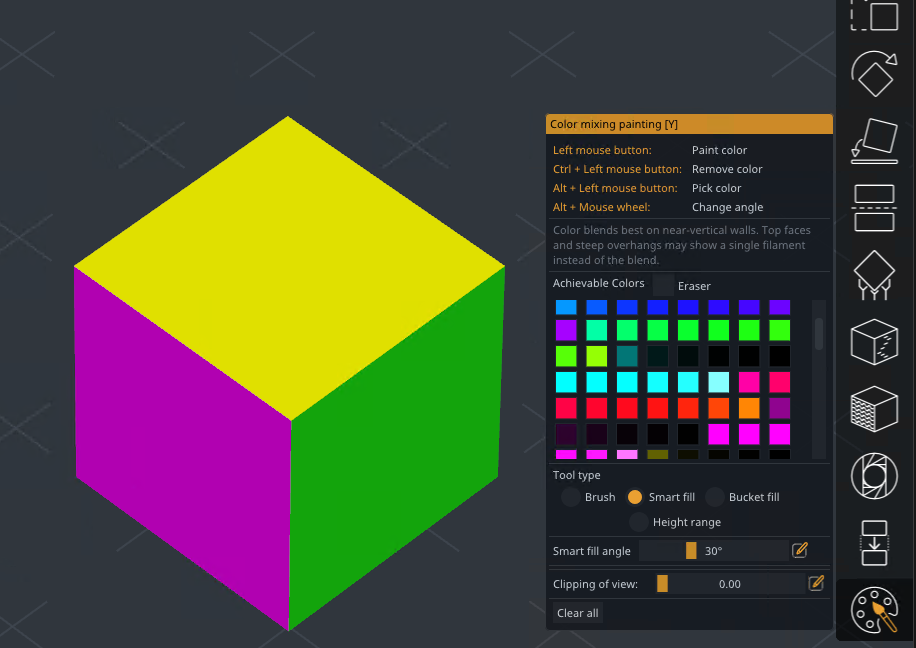 Color mixing painting gizmo with achievable color palette