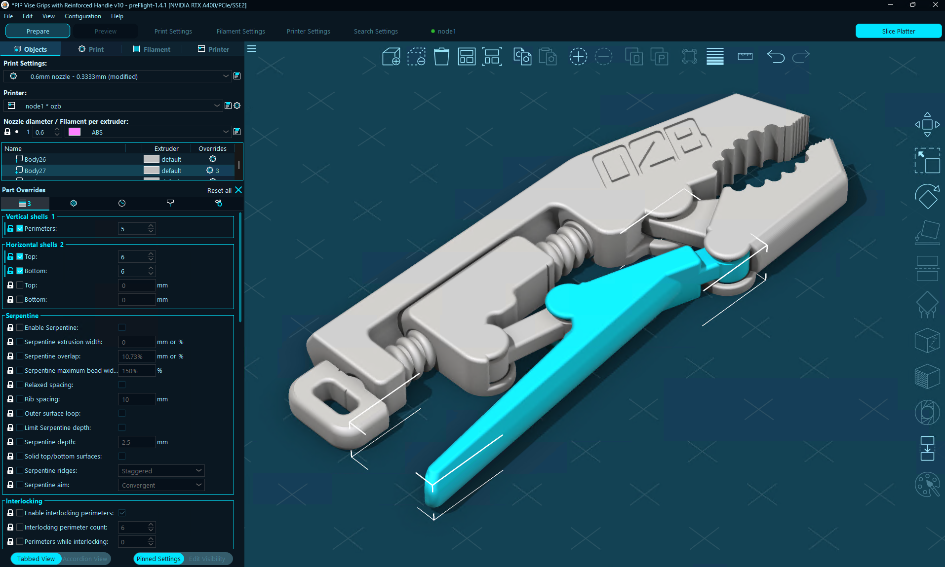 The Part Overrides panel open under the Object list, with Perimeters, Top and Bottom shell counts enabled as overrides and the Serpentine and Interlocking rows showing the project values