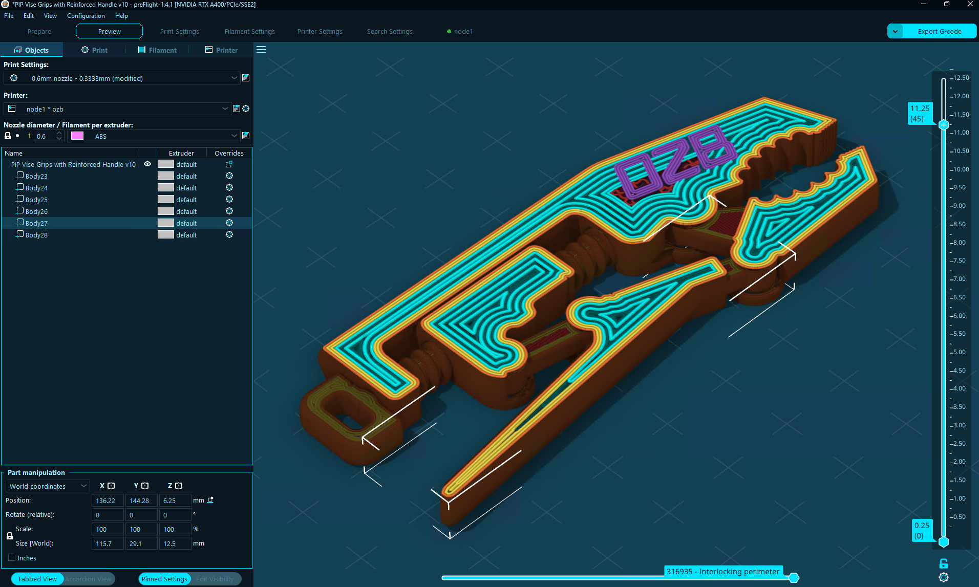 The preFlight Preview with the Sidebar swapped in for the Legend, showing the Objects tab, the Overrides column and the sliced toolpaths