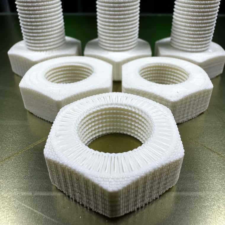 A printed Serpentine nut seen from above, the radial fan of the pattern visible on its flat top face