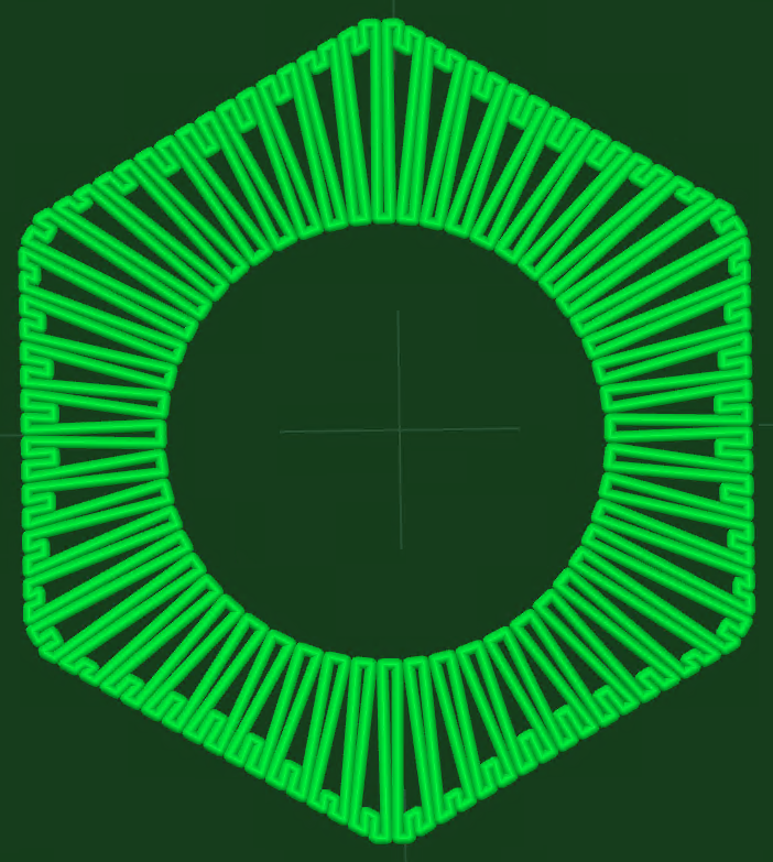 One layer of a hex nut at full depth, the pattern forming a band between the hex profile and the bore