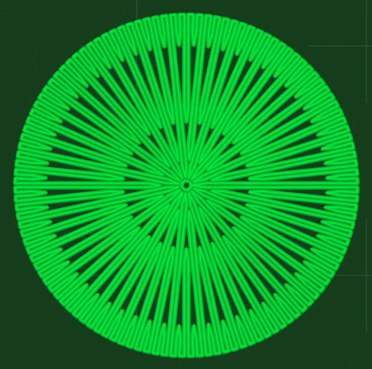 One layer of a solid round part at full depth, the teeth converging on the center in a radial fan