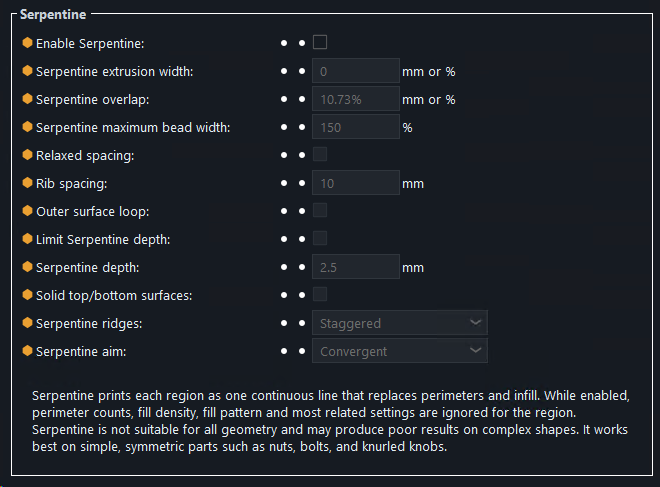 Serpentine settings under Print Settings, Layers and perimeters