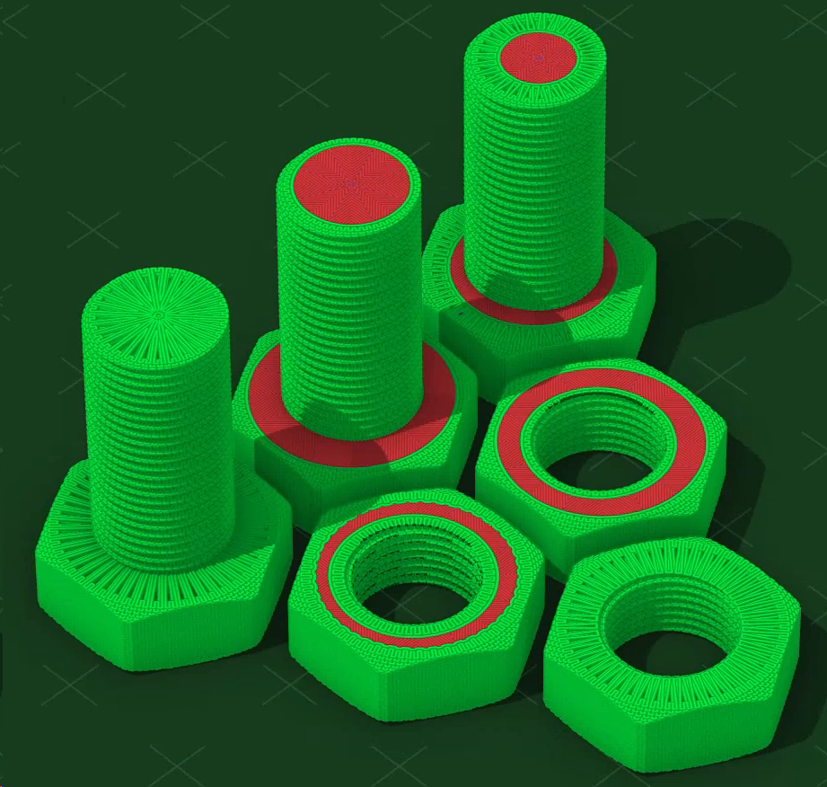 Three bolts and three nuts sliced with Serpentine at different settings, some with solid top surfaces in red, some at full depth and some with limited depth