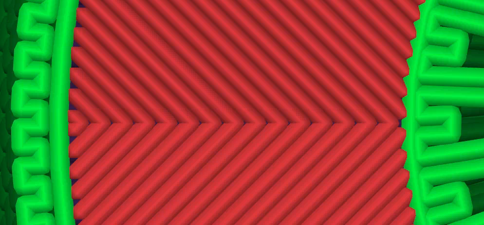 A top layer with Solid top/bottom surfaces on: a single smooth boundary bead with a minimal Serpentine zigzag anchored to it, and solid infill filling the rest